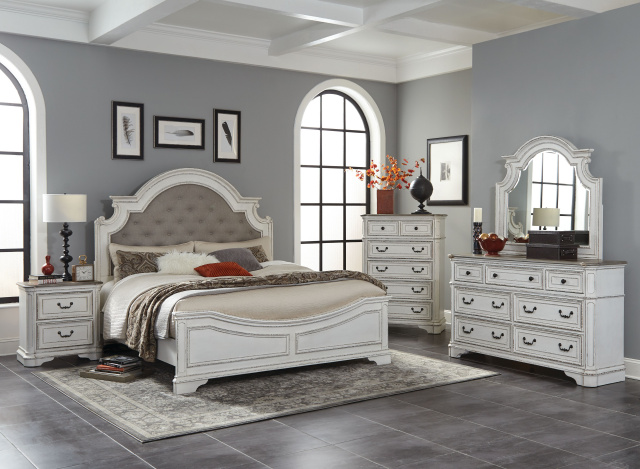 8023 Antique White with Weathered Oak Tops Gray Upholstered
