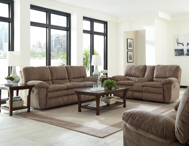 2409 Motion Sofa and Motion Console Love in Tan and Gray