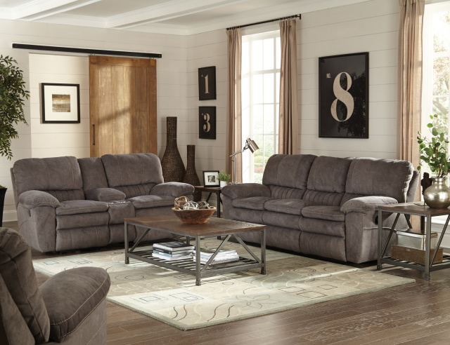 2409 Motion Sofa and Motion Console Love in Tan and Gray