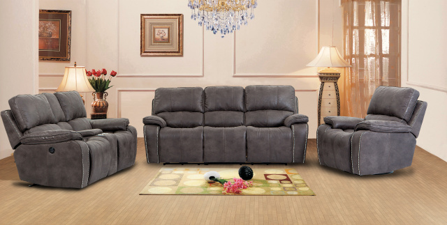 6522 Silver Nailhead Trim Motion Sofa and Double Gliding Console Love in Cayman Gray - Matching Rock