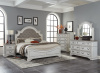 8023 Antique White with Weathered Oak Tops, Gray Upholstered Headboard, Extended Draer Glides - Quee